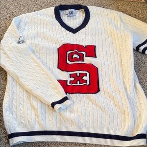 Chicago White Sox White and Navy Cable Knit Sweater with Red Lettering Sz XL